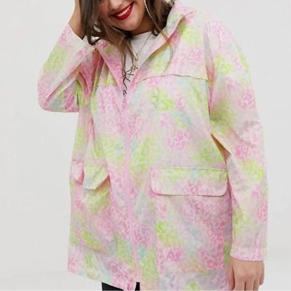 ASOS DESIGN PINK GREEN LIGHTWEIGHT PACKABLE WINDBREAKER JACKET WITH HOOD SZ 0 - Picture 1 of 6